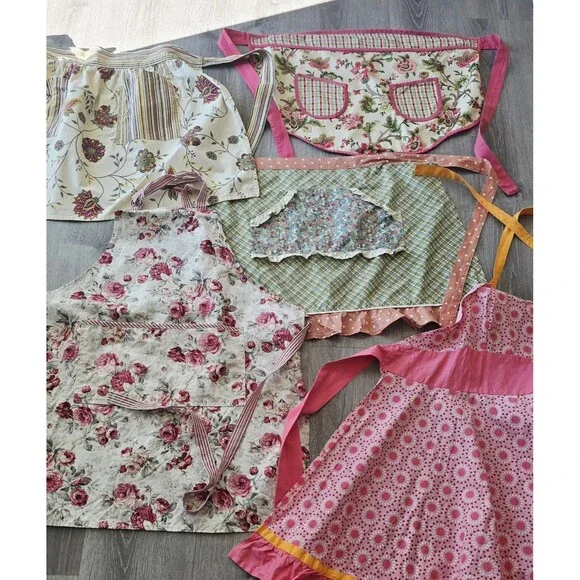 Lot of 5 Womans Aprons Half & Bib ~ Floral Scalloped Ruffle Feminine Designs - Picture 1 of 12